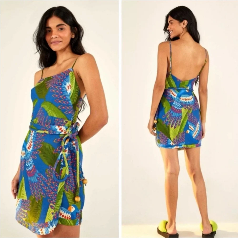 Farm Rio Blue Macaw Linen Wrap Mini Dress - Picture 1 of 8